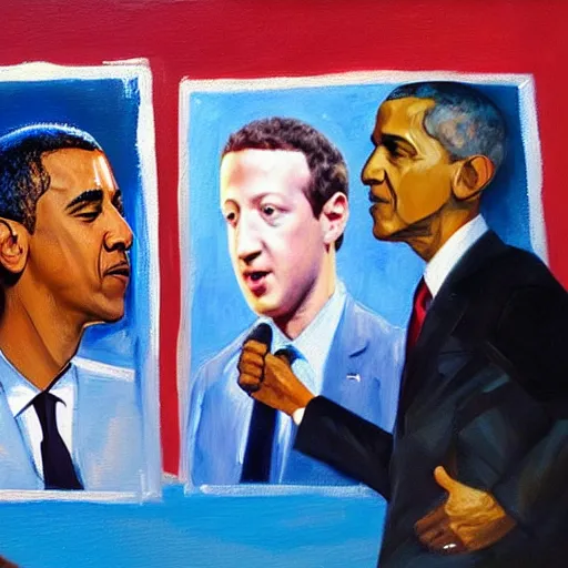 Image similar to expressive oil painting of Barack Obama and Mark Zuckerberg staring angrily at the viewer