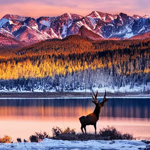 Prompt: statuesque elk in front of the Rocky Mountains at dawn, realistic, photograph, high quality, ultraHD, award winning, national geographic