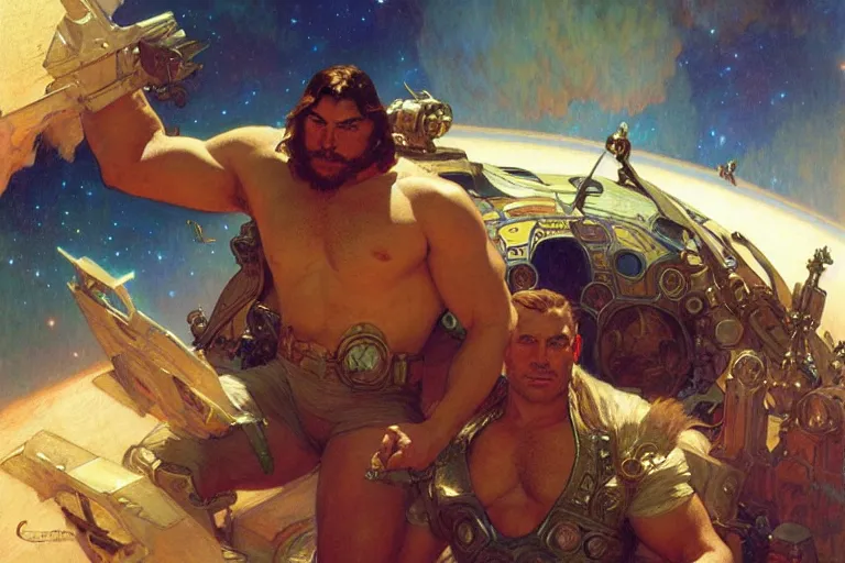 Image similar to beefy attractive men in spaceship, painting by gaston bussiere, craig mullins, greg rutkowski, alphonse mucha