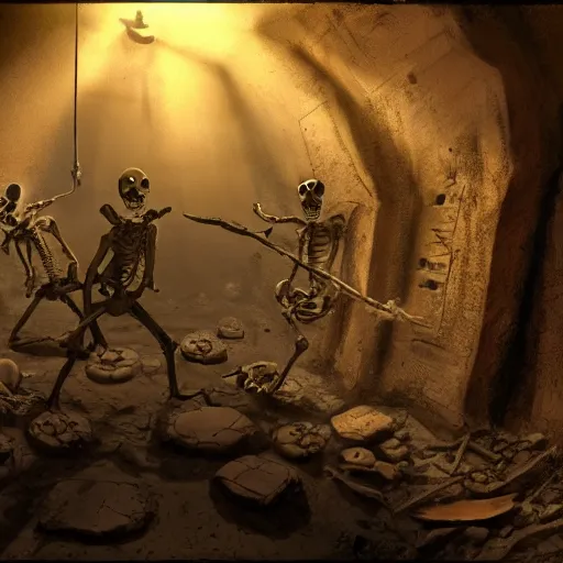 Image similar to 5 living undead skeletons emerging from a pile of brown shit and dirt in the bottom of a very dark well. swords in their hands. circular room. stone walls. bright runic symbols in wooden doors. wide angle. trending on artstation, craig mullins, gopro lens.