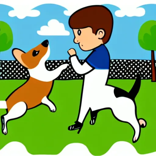 Image similar to illustration of french boy in paris playing football against a corgi, the dog is wearing a polka dot scarf