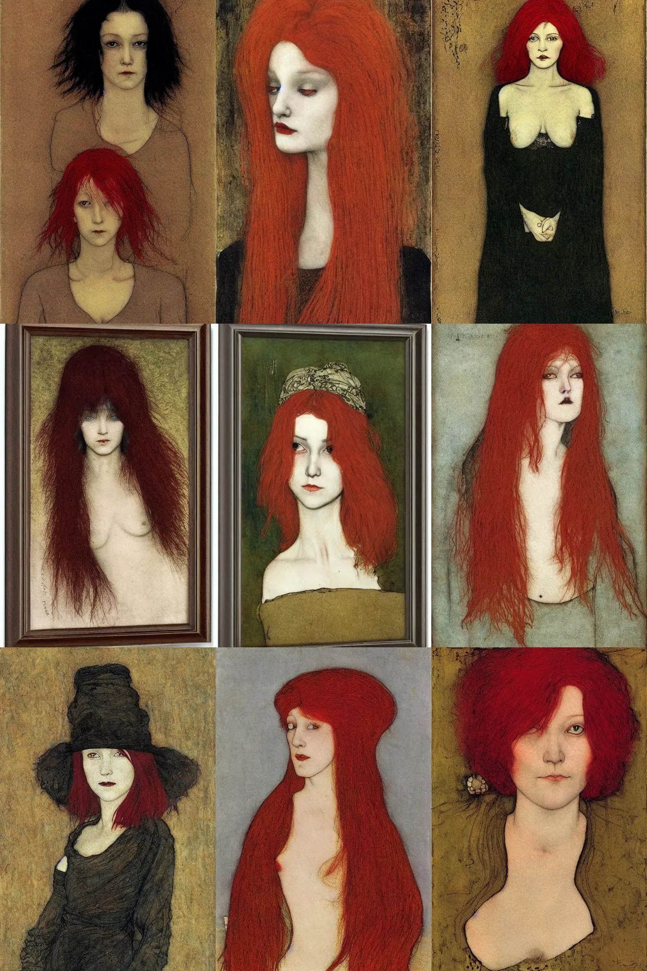 Prompt: Woman with red hair, portrait by John Bauer
