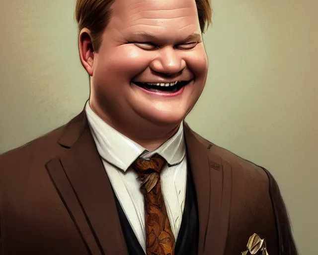 Prompt: close up of andy richter smiling wearing a brown suit and necktie, focus, d & d, intricate, elegant, highly detailed, digital painting, artstation, concept art, matte, sharp focus, illustration, hearthstone, art by artgerm and greg rutkowski and alphonse mucha