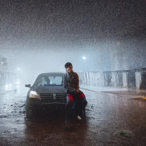 Image similar to a photo of heavy rain on a man sitting on a car in a sunken city, outdoor lighting, dynamic lighting, volumetric, wide angle, anamorphic lens, go pro, 4k