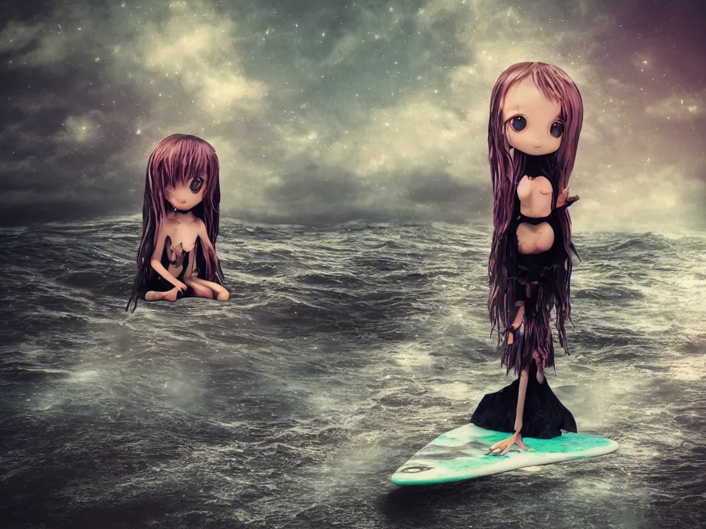 Image similar to cute fumo plush gothic maiden alien girl sitting on a surfboard in the waves of the dark galactic abyss, tattered ragged dress, ocean waves and reflective splashing water, vignette, vray