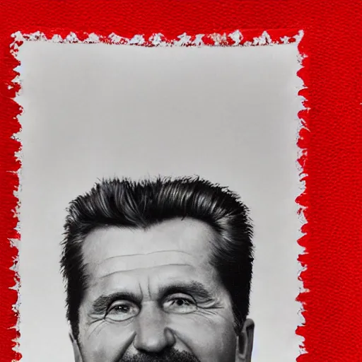 Image similar to hyper realist photograph of staline smiling with the ussr flag behind him, close up, face picture, 4 k, very detailed