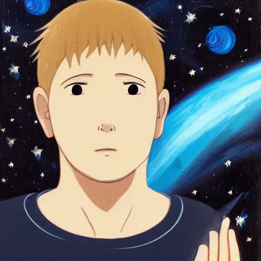Prompt: Portrait of Spirited away dark blonde hair guy with blue eyes in space