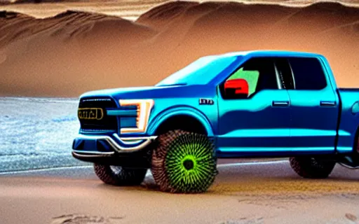 Prompt: Ford F150 Hydro Blue 2022 Truck on a Green Sand Beach at sunset