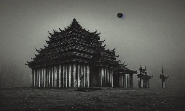 Image similar to a outside temple full of dark evil idol, landscape photograph taken by giger and beksinski and chaos and midnight sun and death fog and nightmare megacity