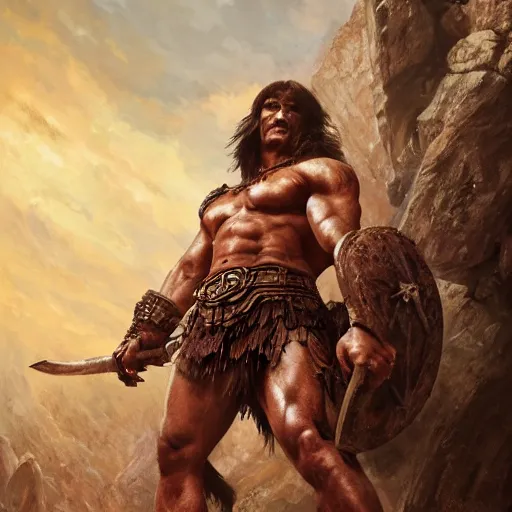 Image similar to Conan the Barbarian, 4k oil on linen by wlop, artgerm, andrei riabovitchev, nuri iyem, james gurney, james jean, greg rutkowski, highly detailed, soft lighting 8k resolution