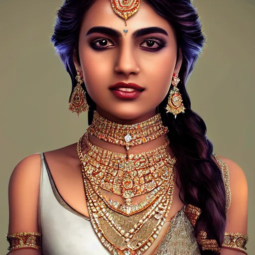 Image similar to portrait of wonderful hindi princess of diamond with radiant skin, ornate with diamonds, 8 k, gorgeous, intricate, detailed, glowing white accent lighting, dramatic lighting, octane render