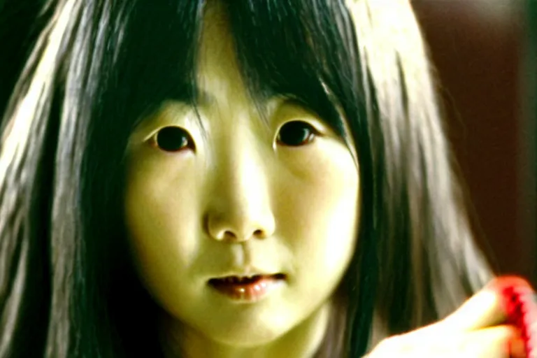 Image similar to a still photo of sadako from the ring movie playing baseball colored