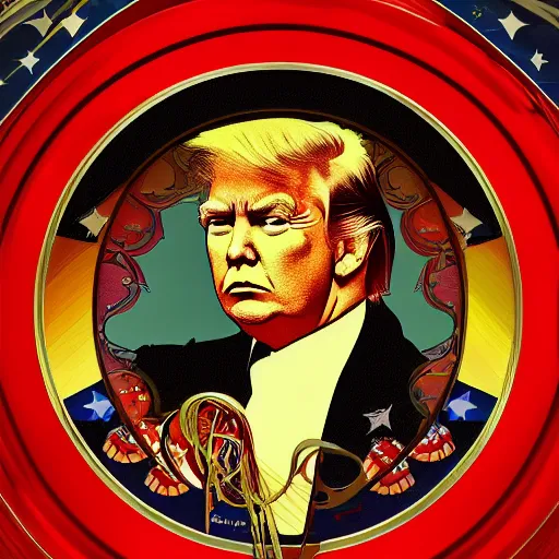 Image similar to Portrait of Trump wearing a red suit, illustrated by Alphonse Mucha, yellow stars, award-winning digital art, 4k resolution,