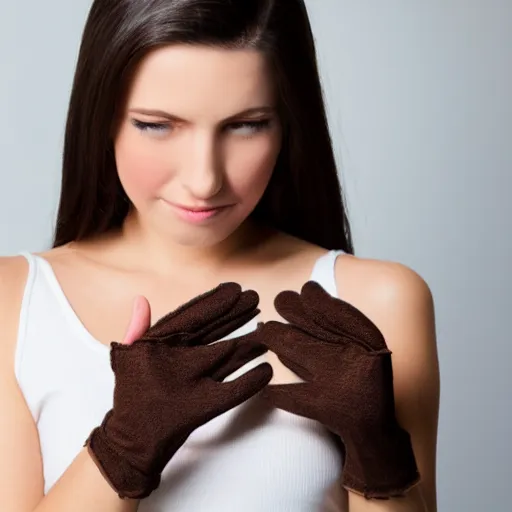 Prompt: a dark - haired girl trying on a brown hitch - hiking glove