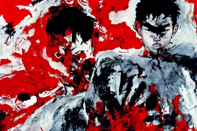 Prompt: movie still of akira ( 1 9 8 8 ) tetsuo in a white superhero suit and red cape, by ashley wood, 6 0's french movie poster, french impressionism, palette knife and wide brush strokes, black and white only