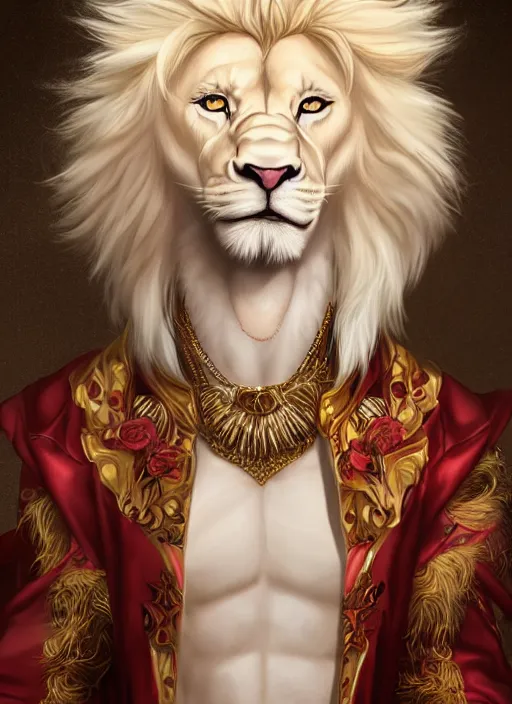 Prompt: award winning beautiful portrait commission of a male furry anthro albino lion with a beautiful hyperdetailed attractive outfit and face wearing a golden and red rockstar outfit on a stage. Character design by charlie bowater, ross tran, and makoto shinkai, detailed, inked, western comic book art