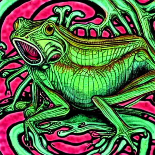 Prompt: closeup of an adorable, eldritch frog abomination of unimaginable horror by h. r. giger and junji ito, speculative evolution, psychedelic illustration, op art, sticker illustration