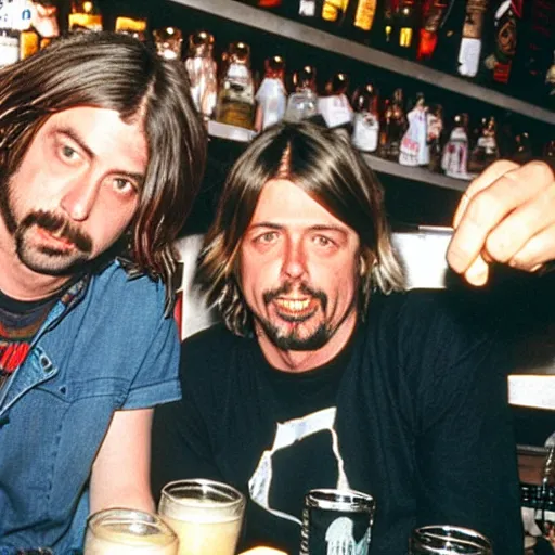 Image similar to Photo of Kurt Cobain and Dave Grohl drinking pints in a bar