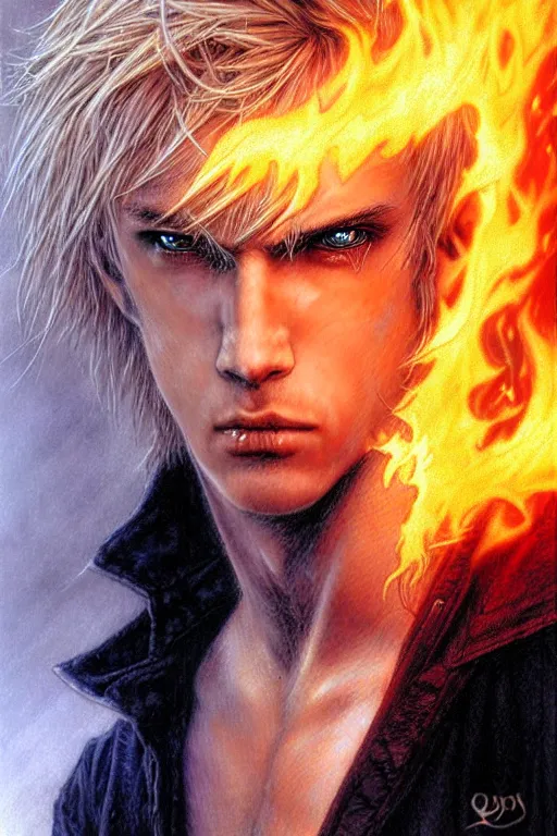 Image similar to character art by luis royo, young man, blonde hair, on fire, fire powers