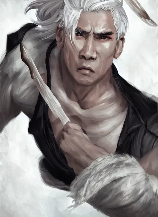 Prompt: a highly detailed illustration of white haired fierce asian man with short white hair parted down middle, wearing white kimono with black shirt, with black sclera eyes, heroically battle posing, muscular, intricate, elegant, highly detailed, centered, digital painting, artstation, concept art, smooth, sharp focus, league of legends concept art, WLOP