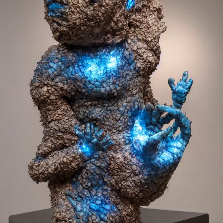Image similar to hyperrealistic sculpture of a distressed bronze ancient fossilized chibi ultraman kaiju dusted with opalescent blue spraypaint and ferns in a nylon grid cage on a pedestal by ron mueck and duane hanson and lee bontecou, hyperrealistic dramatic colored lighting trending on artstation 8 k