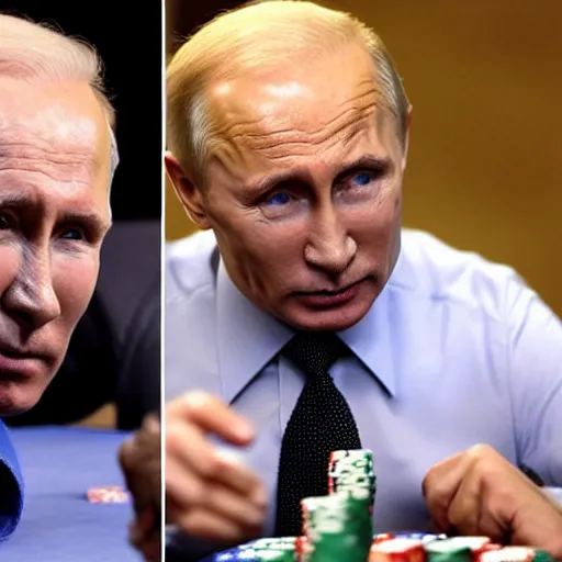 Prompt: Putin playing poker with Biden in a dark scary room, both are smoking, noir