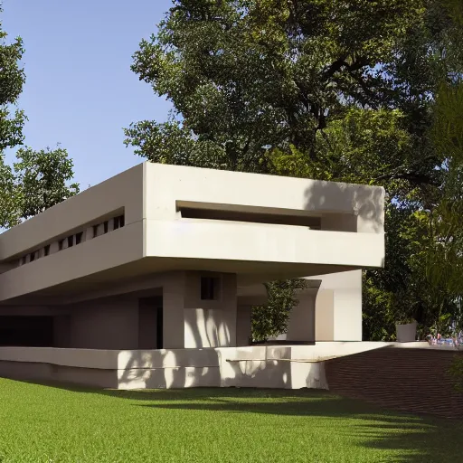 Image similar to a photorealistic house by frank loyd wright, brutalism, concrete, bauhaus, 4k