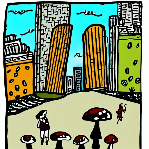 Prompt: Illustration of mushroom people going about their day in the city