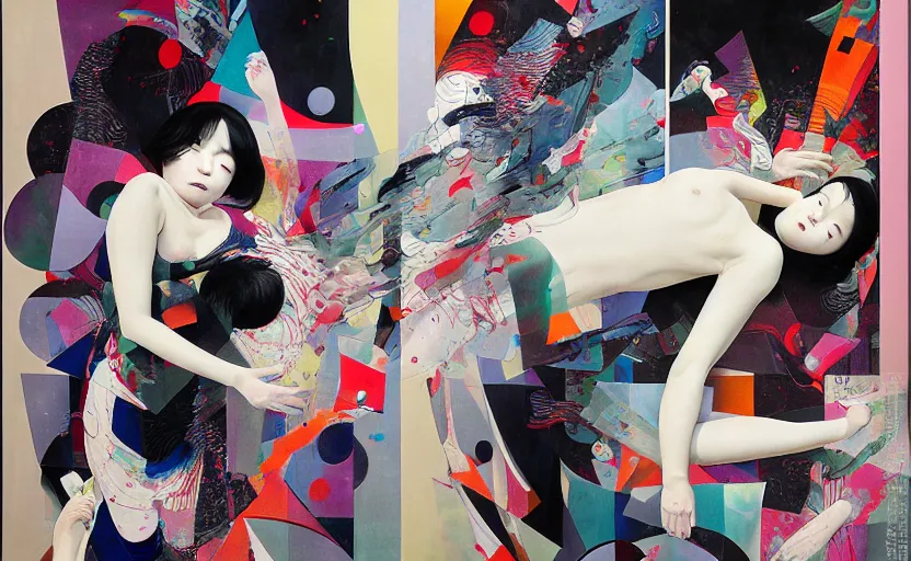 Image similar to decollage painting young japanese actress chased by unconsciousness fear by adrian ghenie and takato yamamoto and edward hopper and mark ryden and tsutomu nihei, part by bridget riley, acrylic pour and splashing paint, very coherent, baroque elements, perfect anatomy, intricate design. pop art.
