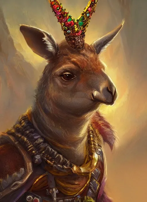 Image similar to kangaroo wearing a crown, dndbeyond, bright, colourful, realistic, dnd character portrait, full body, pathfinder, pinterest, art by ralph horsley, dnd, rpg, lotr game design fanart by concept art, behance hd, artstation, deviantart, hdr render in unreal engine 5