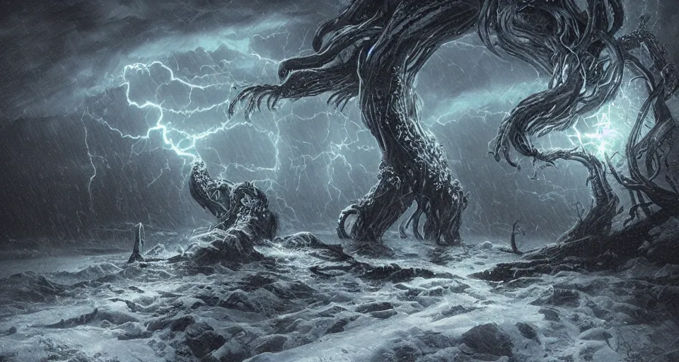 Image similar to lovecraftian eldritch!! creature!! destroying vancouver, snowy, windy, by eugene von guerard, ivan shishkin, night, lightning!!, storm!, dramatic lighting, concept art, trending on artstation, 8 k