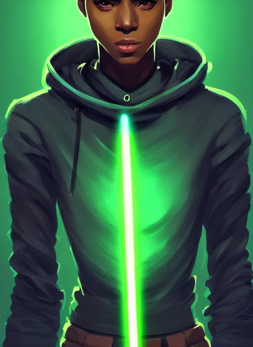 Prompt: photographic portrait of an handsome young black woman with a mohican haircut and green eyes in a back hoodie, broad lighting, elegant, highly detailed, digital painting, artstation, concept art, sharp focus, star wars, illustration, art by makoto shinkai