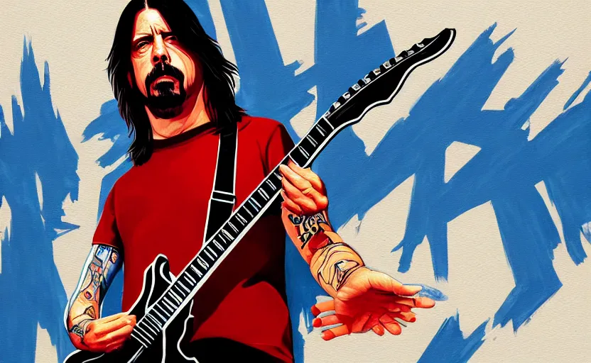 Prompt: dave grohl in gta v covert art painted by stephen bliss, centered, uncropped, full body, symmetrical face, crispy, trending on artstation, deviantart