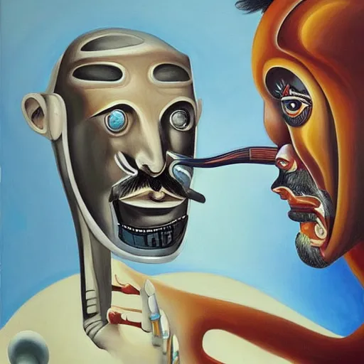 Image similar to half man half robot Salvadore Dali twirling his mustache while painting