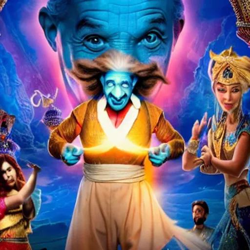 Image similar to albert einstein as genie with blue skin in the movie aladdin, movie still 8 k hdr atmospheric lighting