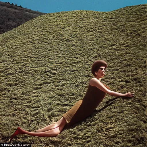 Image similar to woman with an inflatable nose, long snout, long inflatable arms, in the hillside, 1974 fellini, archival footage, technicolor film