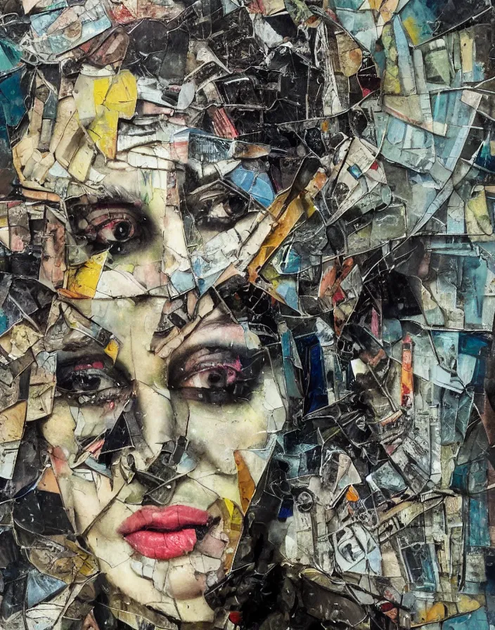 Prompt: abandoned by futurism detailed analogue mixed media collage with canvas texture in style of contemporary art, punk art, hyperrealistic beautiful face, photorealistic, expressionism, masterpiece, perfect composition, spectacular quality, intricate oil details, vivid broken glass, torn paper, magazine pages