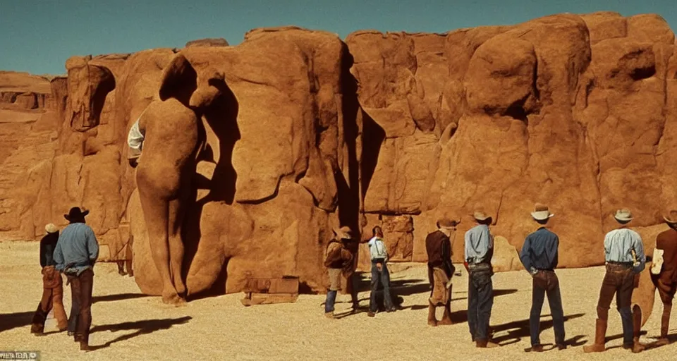 Image similar to film still showing cowboys looking at a gigantic Henry Moore sculpture in the desert directed by Sergio Leone, western, monument valley, cinemascope, technicolor