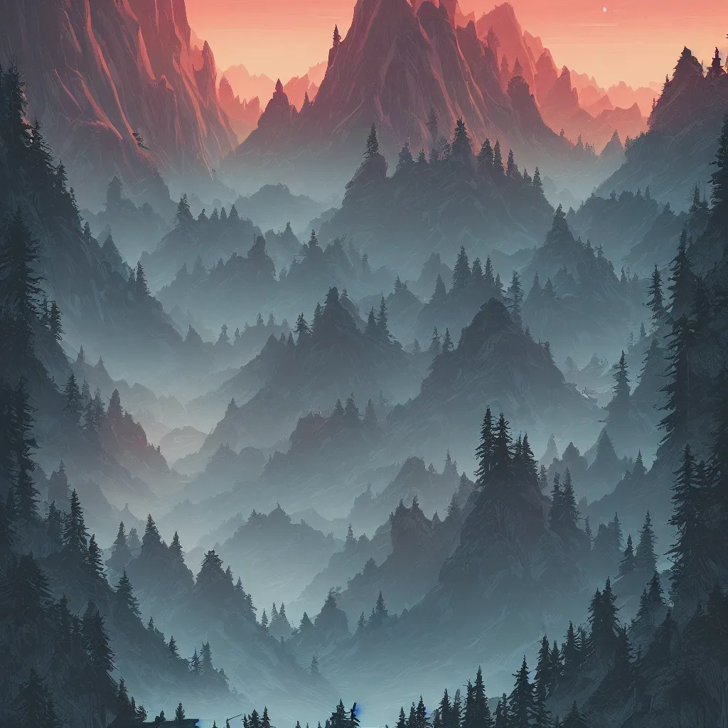 Prompt: a beautiful landscape with trees and mountains, by dan mumford, artstation, behance, highly detailed, concept art, dramatic lighting, minimalist