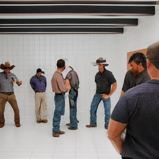 Image similar to many cowboys wearing shorts standing in a room with white tile walls