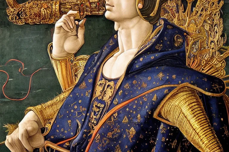 Image similar to beautifully painted mural portrait of a cyborg king in ornate royal garments sitting in his royal throne room, piercing glowing eyes, intricate, elegant, incredible lighting, sci fi scenery, fantasy setting, vogue cover poses, mural in the style of sandro botticelli, caravaggio, albrecth durer