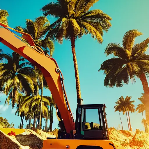 Prompt: an excavator sunbathing under palm trees, holiday vibe, jcb, photo style, ultra realistic, drone view, advanced digital art