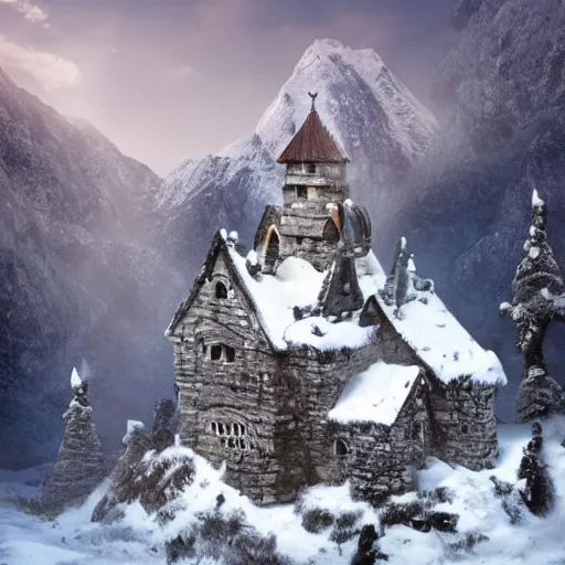 Image similar to old abandoned dwarven keep nestled high up in the snow covered mountains. picturesque scenery. running water. landscape photography. fantasy. trending on art station.