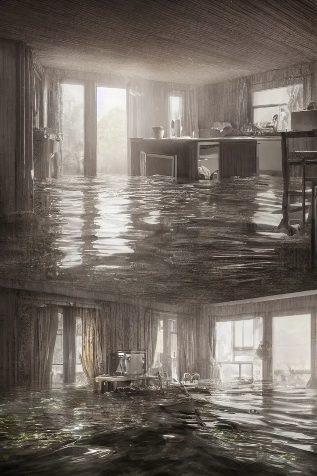 Prompt: flooded house interior, hyperdetailed, octane , hyper realistic , detailed , interior , hyperfocal 8k , in the style of Gregory Crewdson