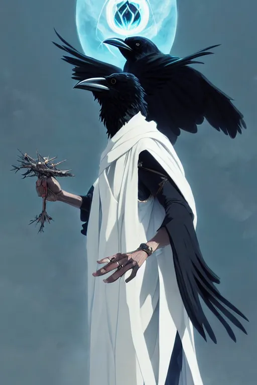 Image similar to raven headed warlock doing magic spells wind, white robes, finely detailed perfect face, exquisite details, mid view, design on a white background, by studio muti, greg rutkowski makoto shinkai takashi takeuchi studio ghibli