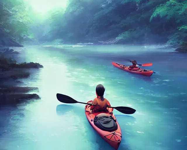 Image similar to a kayak in a river. blue water, atmospheric lighting. by makoto shinkai, stanley artgerm lau, wlop, rossdraws, james jean, andrei riabovitchev, marc simonetti, krenz cushart, sakimichan, d & d trending on artstation, digital art.