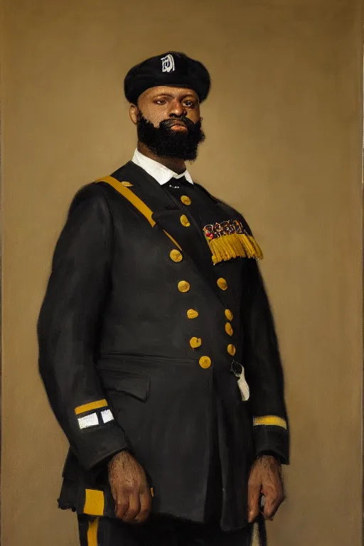 Prompt: full body portrait of the dictator of the brooklyn nets, 1 8 8 9, in full military garb, oil on canvas by william sidney mount, trending on artstation