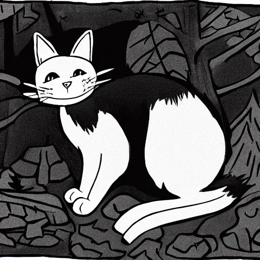 Image similar to cartoon art of a happy black and white cat wearing a crown, in a forest