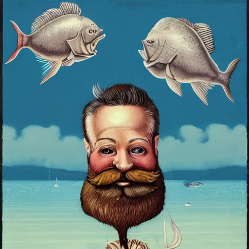 Image similar to old man with a beard full of fish, harbour background, lowbrow surrealistic, in the style of mark ryden,