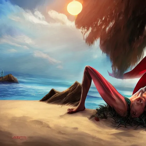 Image similar to dracula suntanning on the beach, digital art, highly detailed, trending on artstation